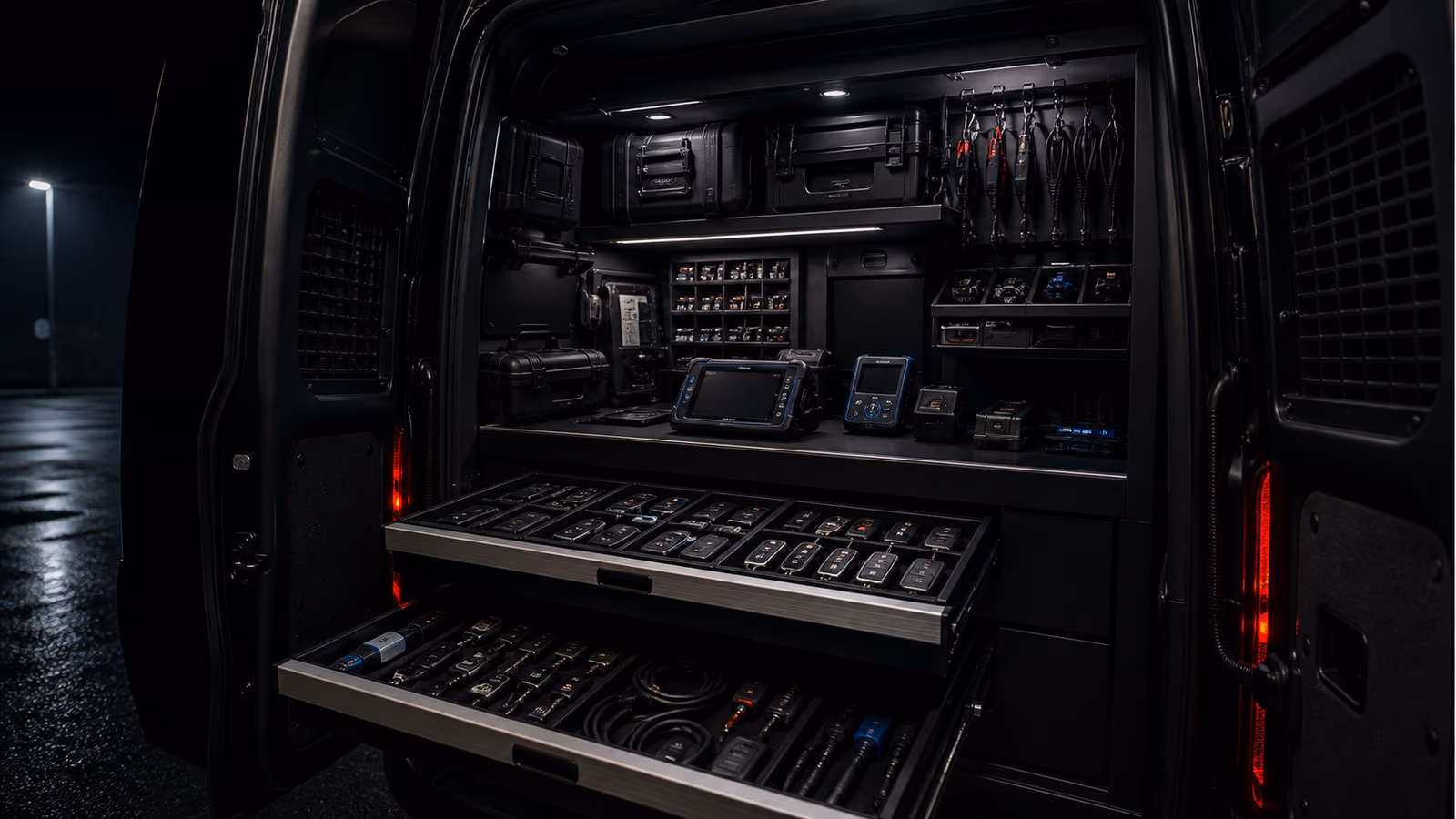 Organised mobile key programming equipment inside a service van